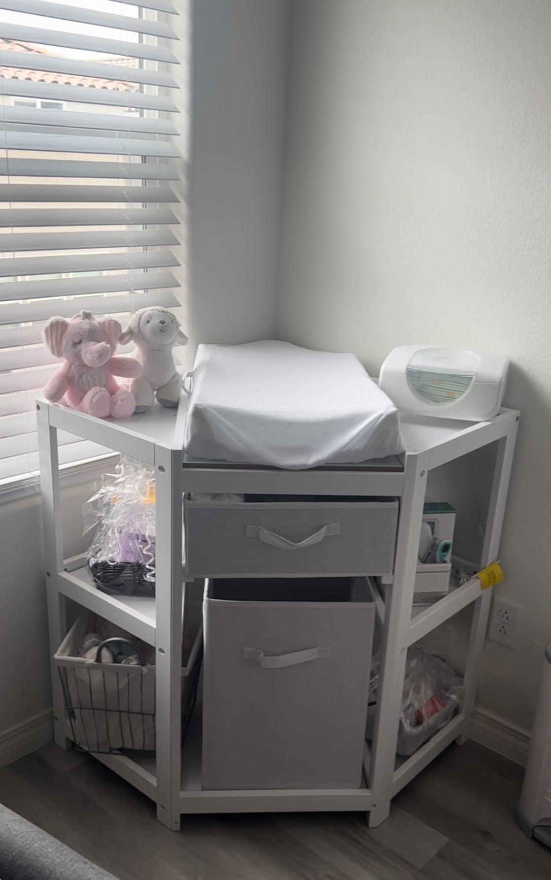 Badger Basket Corner Baby Changing Table - Space-Saving Diaper Changing Station for Nursery with Storage Bin, Changing Pad and Safety Belt - Organizer for Newborn and Infant Essentials - Gray customer photo 2