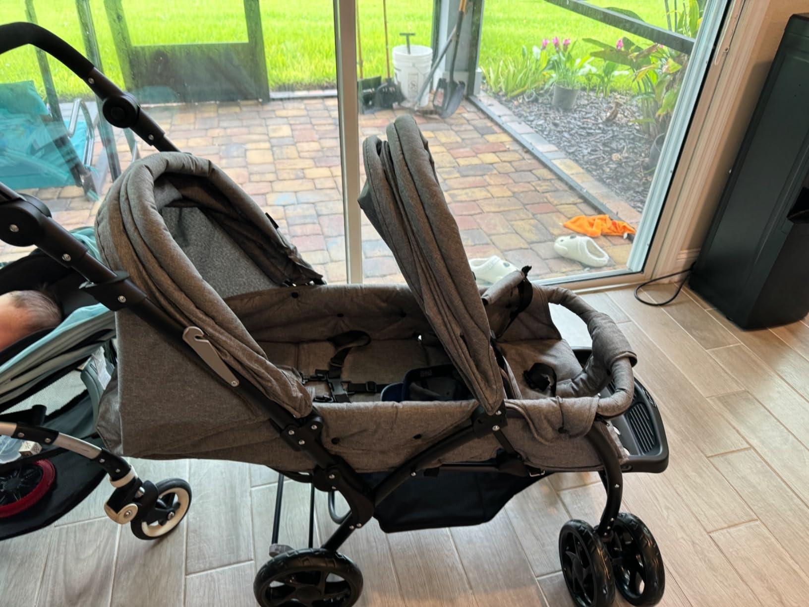 BABY JOY Double Stroller, Foldable Lightweight Twin Stroller with Tandem Seating, Adjustable Backrest/Canopy/Footrest, 5-Point Harness, Storage Basket, Newborn and Toddler (Black) customer photo 1