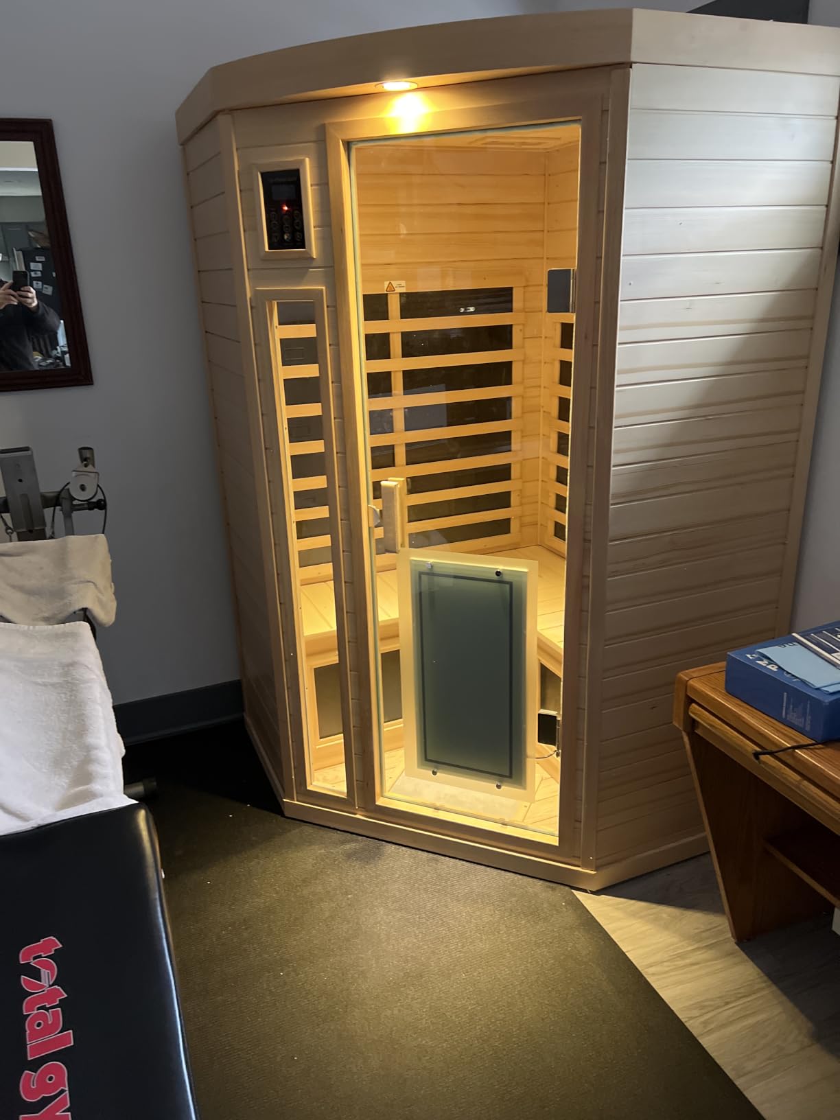 Far Infrared Wooden Sauna Room, 2-3 Person Home Sauna Canadian Hemlock Indoor Corner Sauna Spa, 2 Bluetooth Speakers, 2 LED Reading Lamp, 3 Chromotherapy Lights customer photo 1