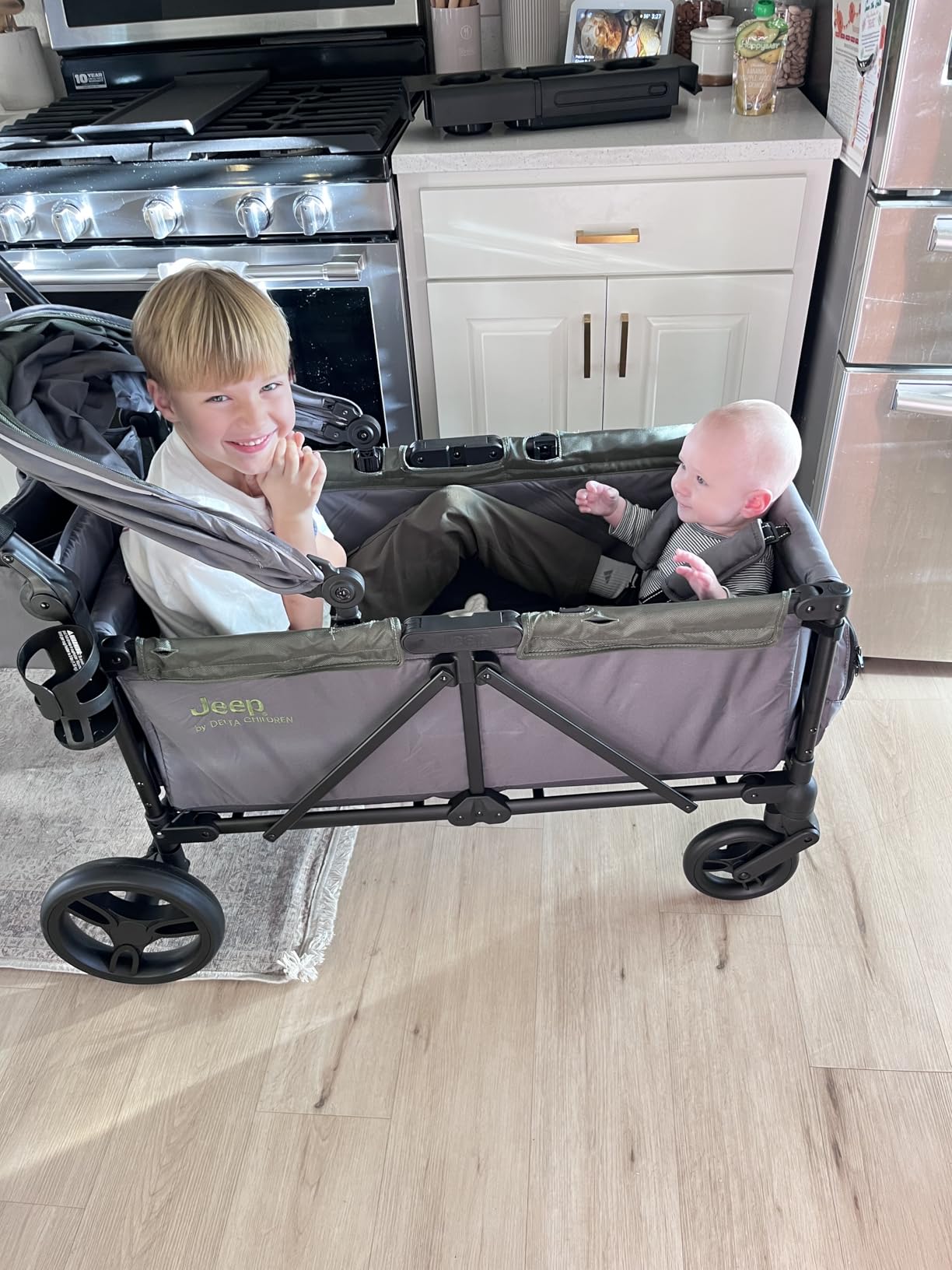 Jeep Sport All-Terrain Stroller Wagon by Delta Children - Includes Canopy, Parent Organizer, Adjustable Handlebar, Snack Tray & Cup Holders, Grey/Olive Green customer photo 1