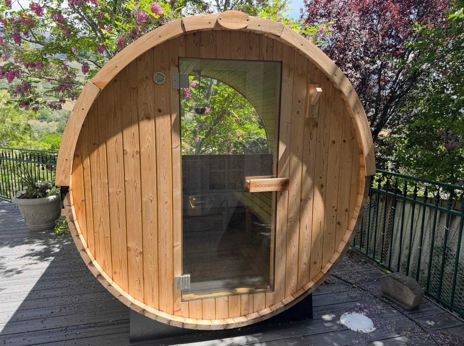 WOODBRIDGE 4-Person Luxury Finland Thermo Pine Outdoor Barrel Sauna with Half View Window,Harvia Electric Heater with Sauna Stone, Sauna Accessories Kit and Asphalt Shingle Roof, 4'x6', OBS1818 customer photo 1