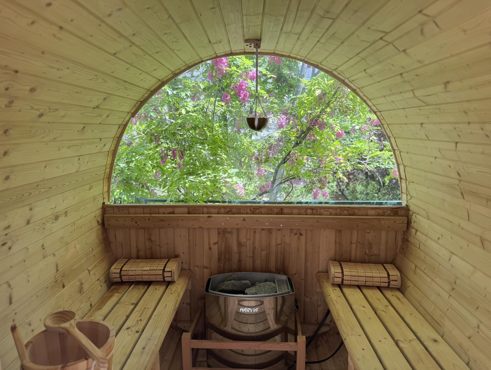 WOODBRIDGE 4-Person Luxury Finland Thermo Pine Outdoor Barrel Sauna with Half View Window,Harvia Electric Heater with Sauna Stone, Sauna Accessories Kit and Asphalt Shingle Roof, 4'x6', OBS1818 customer photo 2