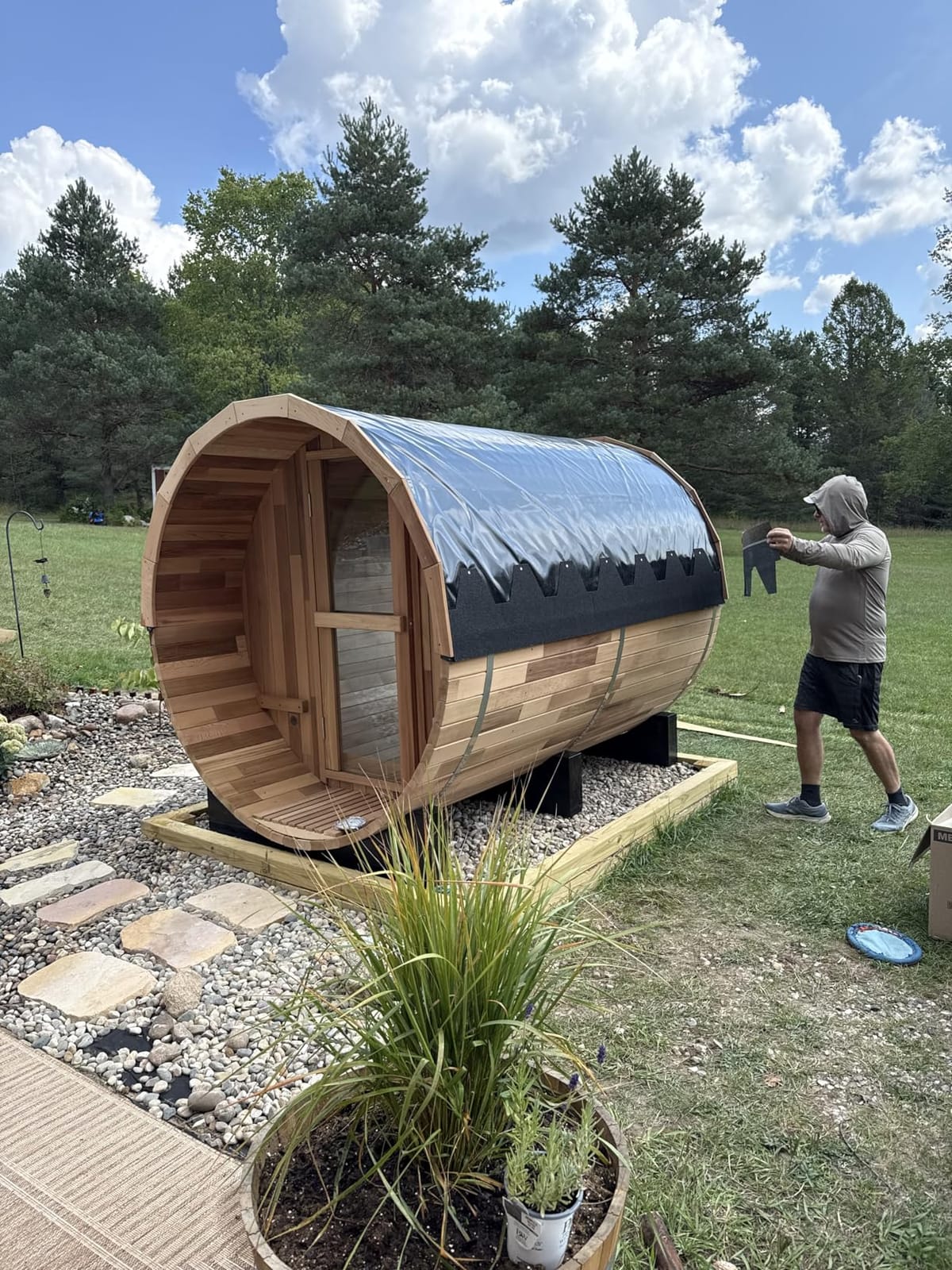 Wood Burning Sauna 4 Person, Outdoor Canadian Red Cedar Barrel Sauna with Porch, Back Half Glass Window, Triple Waterproofing System, with Volcanic Rocks, Wooden Bucket and Spoon customer photo 1