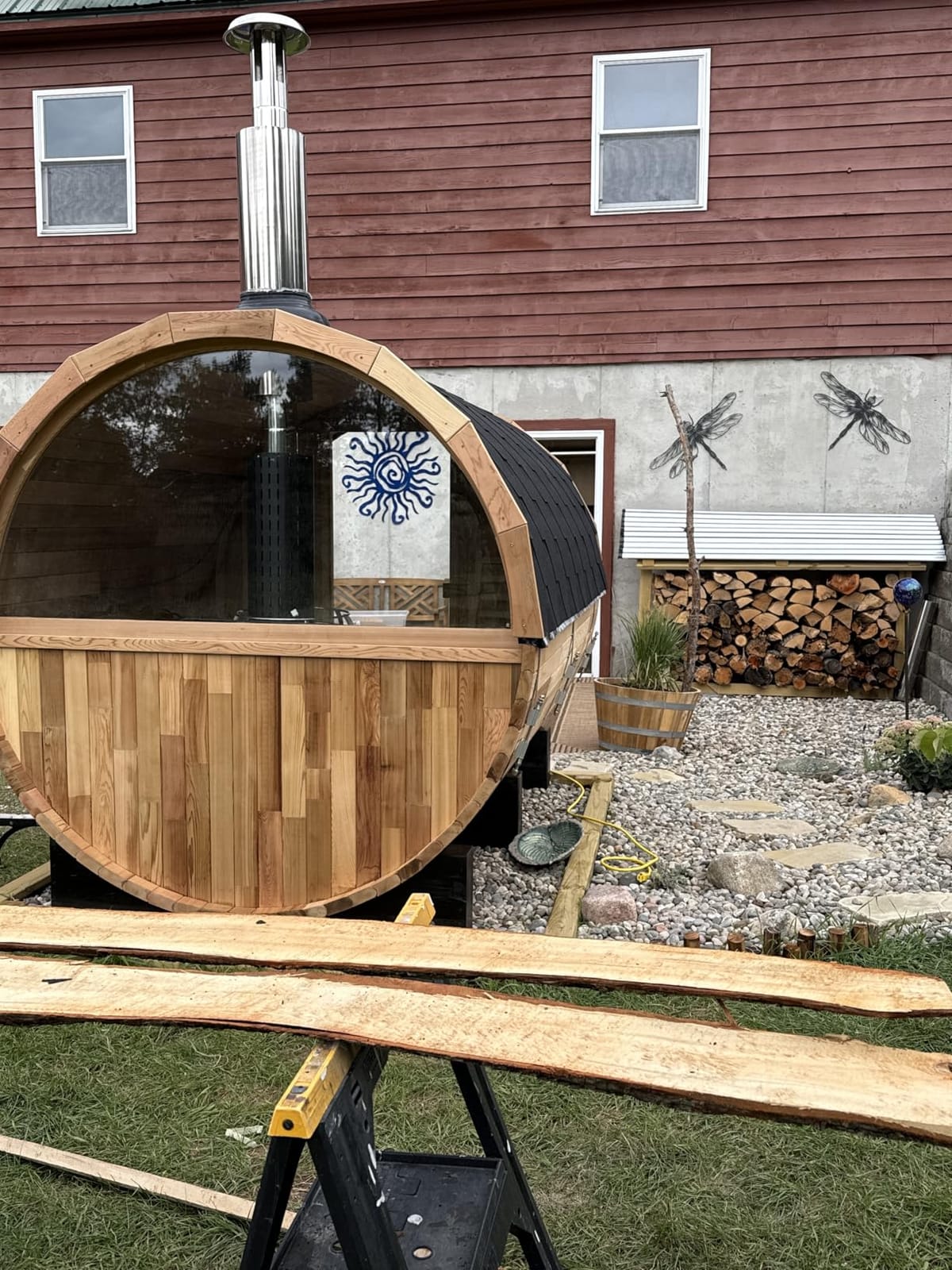 Wood Burning Sauna 4 Person, Outdoor Canadian Red Cedar Barrel Sauna with Porch, Back Half Glass Window, Triple Waterproofing System, with Volcanic Rocks, Wooden Bucket and Spoon customer photo 2