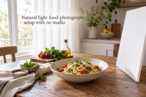 Natural light food photography setup with no studio